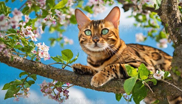AI generated, animal, animals, mammal, mammals, cat, felidae (Felis catus), a cat resting on a branch in a tree, spring, tree blossom