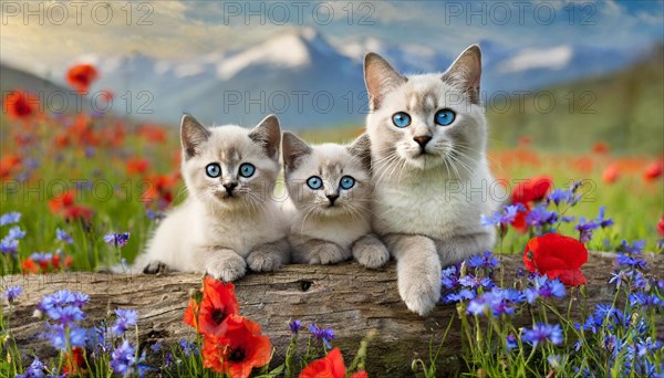 KI generated, animal, animals, mammal, mammals, cat, felidae (Felis catus), a cat and two kittens resting on a tree trunk, flower meadow, spring, summer