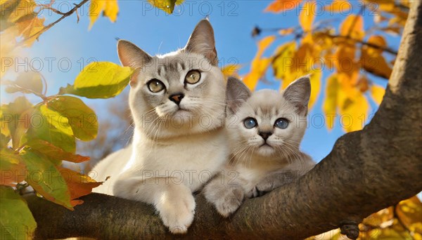 AI generated, animal, animals, mammal, mammals, cat, felidae (Felis catus), a cat and a kitten resting on a tree, autumn, seasons