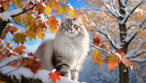 AI generated, animal, animals, mammal, mammals, cat, felidae (Felis catus), a grey and white American Forest Cat, sitting in a tree, autumn, autumn leaves, snow, onset of winter