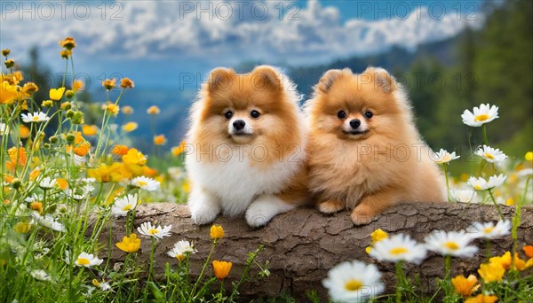 KI generated, animal, animals, mammal, mammals, dwarf spitz, Spitz, (Canis lupus familiaris), dog, dogs, bitch, Pomeranians, a bitch and a puppy lying on a tree trunk, flower meadow, two animals, cream-coloured