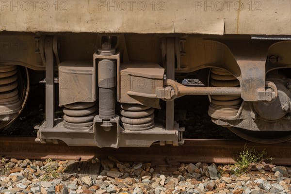 Close-up of train wheels on rail tracks, showcasing the mechanical details and gravel, in South Korea