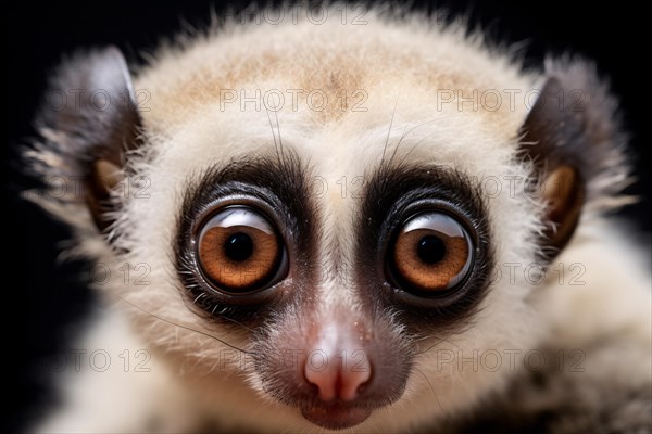 Face of slow loris animal on dark background. KI generiert, generiert, AI generated