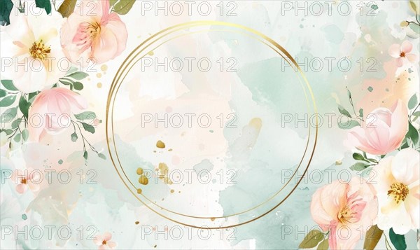 Thin golden frame on watercolor background, space for text AI generated