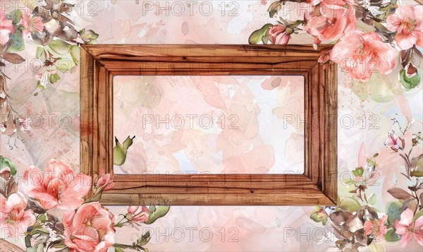 A gold frame with pink flowers on the wall. Abstract background with frame and space for text AI generated