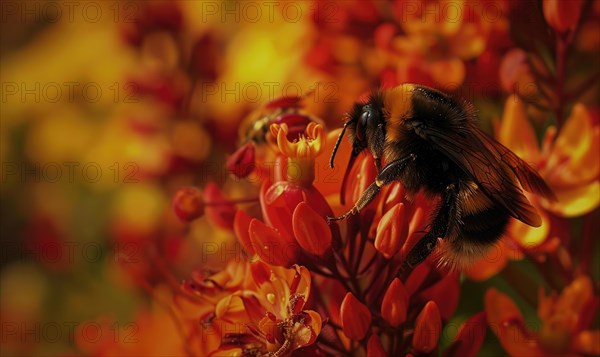 Bumblebee collecting pollen from flowers, closeup view, selective focus AI generated