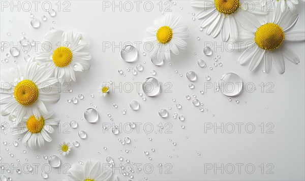 Chamomile essential oil droplets on chamomile flowers, nature beauty background AI generated