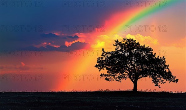 Colorful rainbow after spring rain, rainbow on dark cloudy sky AI generated