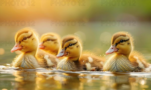 Ducklings swimming in a pond, close up view AI generated