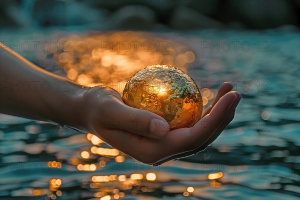 A captivating image of a hand holding a glowing golden sphere, bathed in the warm hues of a sunset over tranquil waters, AI generated