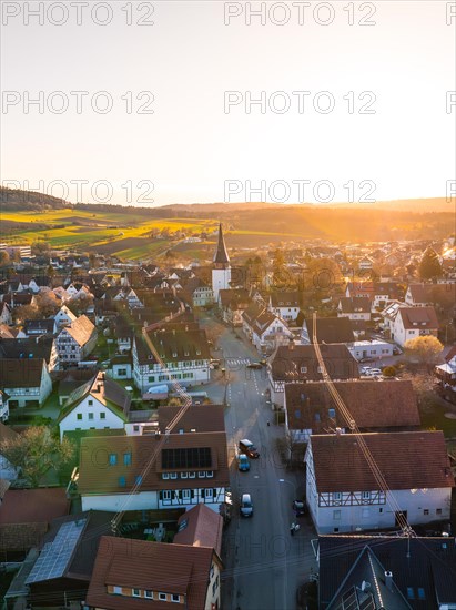 Aerial view of a small town at sunset with warm lights, Calw, Black Forest, Germany, Europe