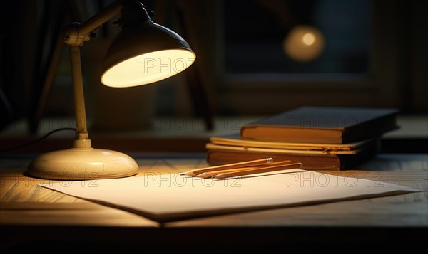 Graphite pencils and white paper illuminated by the soft glow of a desk lamp AI generated