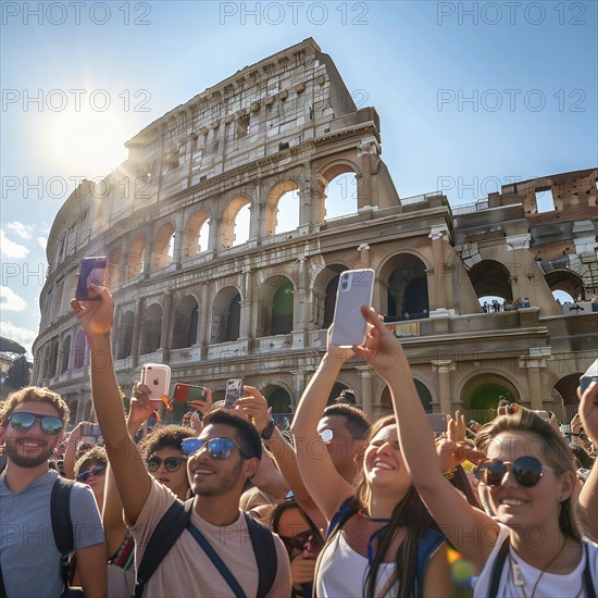 Tourists taking selfies in front of the Colosseum in Rome on a sunny day, AI generated