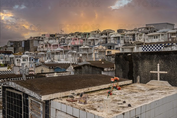 Famous cemetery, many mausoleums or large tombs decorated with tiles, often in black and white. Densely built buildings under a sunset Cimetiere de Morne-a-l'eau, Grand Terre, Guadeloupe, Caribbean, North America