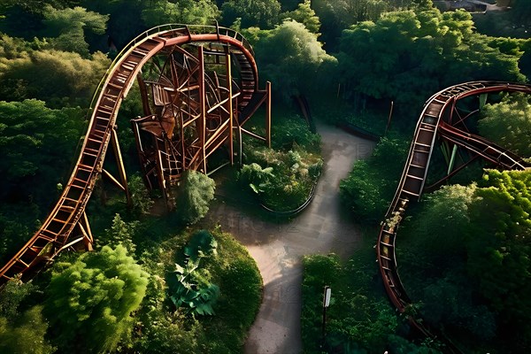 Aerial view of a bandoned amusement park overgrown with vegetation and rusting roller coasters, AI generated