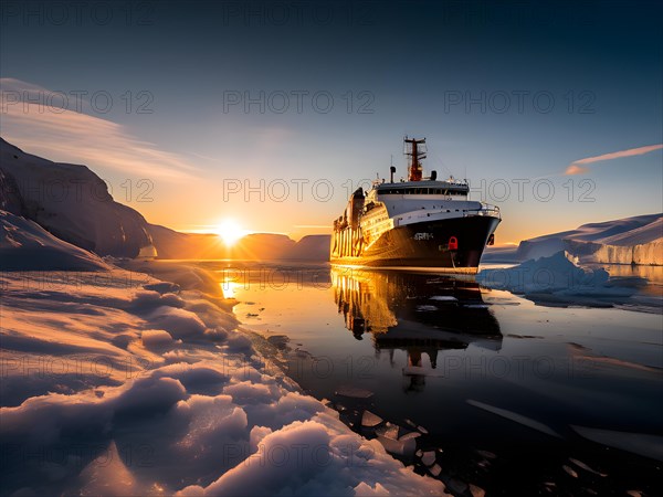 Icebreaker ship carving a path through thick ice of the polar region, AI generated