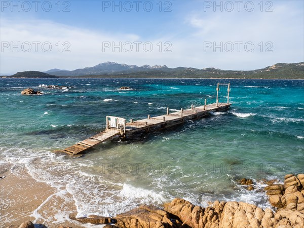 Rock formations, jetty leading into the sea, Capriccioli beach, Costa Smeralda, Sardinia, Italy, Europe