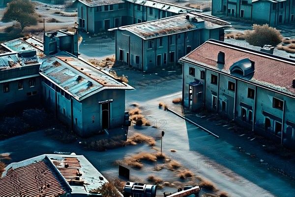 Aerial view of deserted military base featuring empty barracks and abandoned tanks in silent, AI generated