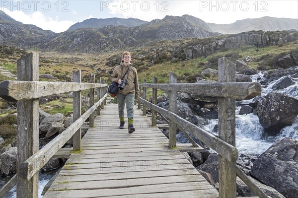 Bridge, woman, LLyn Idwal footpath, Snowdonia National Park near Pont Pen-y-benglog, Bethesda, Bangor, Wales, Great Britain
