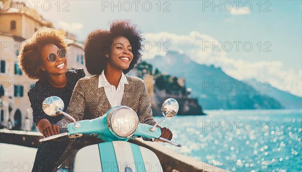 Two joyful women on a scooter in a sunny coastal town, embodying friendship and adventure, blurry moody landscaped background with bokeh effect, AI generated
