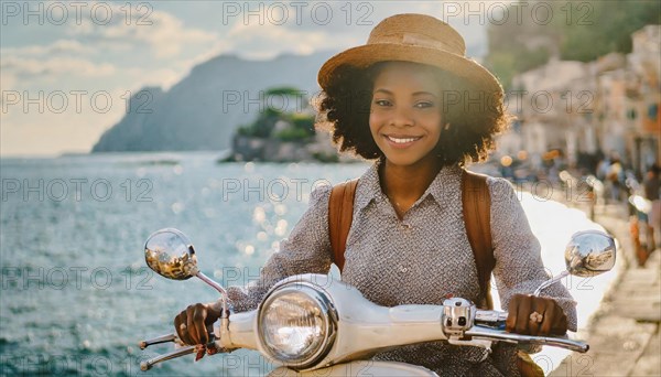 A smiling woman in a straw hat sits on a scooter by a sunny coastal town, blurry moody landscaped background with bokeh effect, AI generated