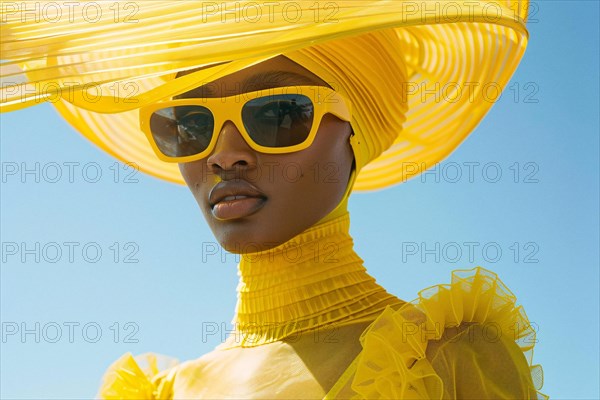 Woman in elegant yellow outfit with matching headwear against a clear blue sky, AI generated