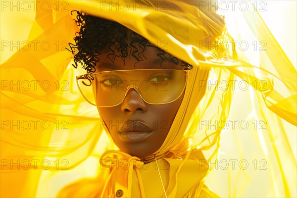 Woman in yellow attire with sunglasses and headscarf exuding elegance, AI generated