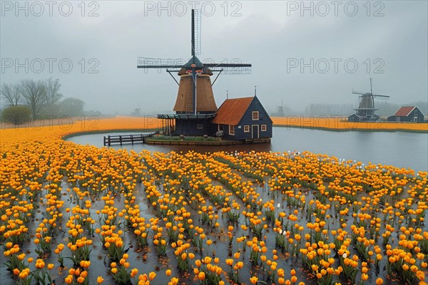 A traditional Dutch windmill overlooks a serene field of orange tulips on a foggy day, AI generated
