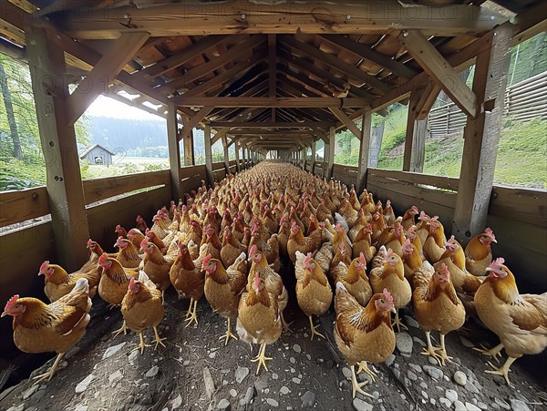 Packed barn with rows of chickens looking towards the camera, wooden beam structure, AI generiert, AI generated