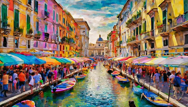 Vibrant street market scene with a crowd beside a canal, colorful umbrellas, and a reflection on water, rush hour commuting time, sunset, blurry cityscape, bokeh effect, AI generated