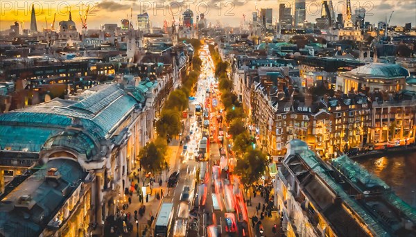 Aerial sunset view of a city with long exposure of traffic and warm colors, rush hour commuting time, sunset, blurry cityscape, bokeh effect, AI generated