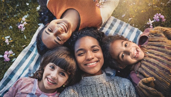 Overhead view of a happy family sharing a laugh while lying on grass amongst flowers, AI generated