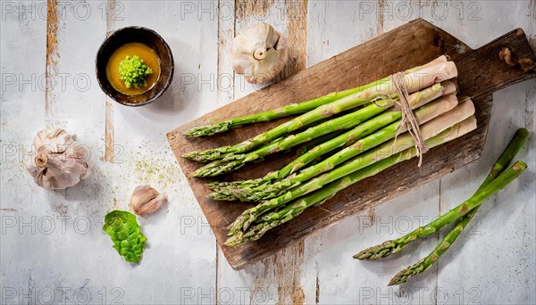 Bundles of asparagus on an old wooden board with garlic and dressing, green asparagus, asparagus spears, KI generated, AI generated