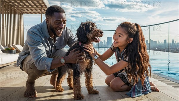 Wealthy black family is smiling and playing with their dog by a pool with a city view terrace, AI generated