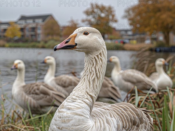 Geese on the shore of a lake with houses in the background on a cloudy day, AI generated, AI generated, AI generated