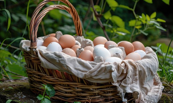 A basket filled with freshly gathered farm eggs AI generated