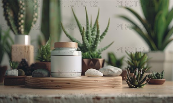 A blank jar mockup of aloe vera gel product placed atop a wooden produce podium AI generated