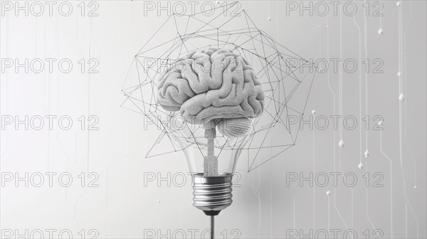 A textured brain forms the filaments of a light bulb surrounded by a wireframe geometric shape, ai generated, AI generated