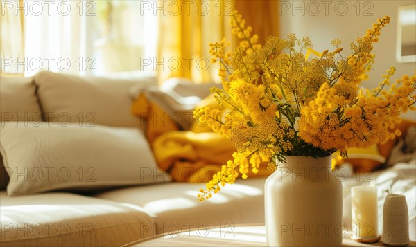 A cozy living room corner adorned with a vase of Mimosa flowers AI generated