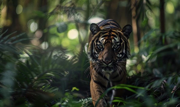 A Sumatran tiger in jungle foliage AI generated