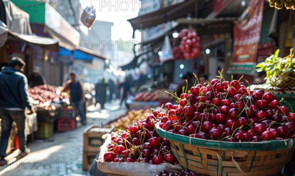 Closeup view of rip cherries selling on city market AI generated