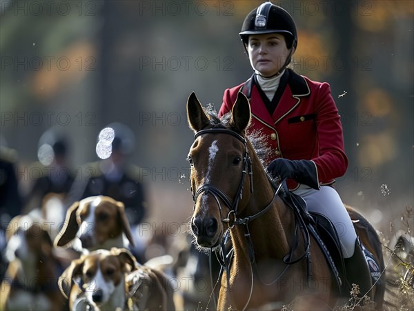 Traditional fox hunting with traditional clothing in England on horseback with dogs over hill and dale, AI generated