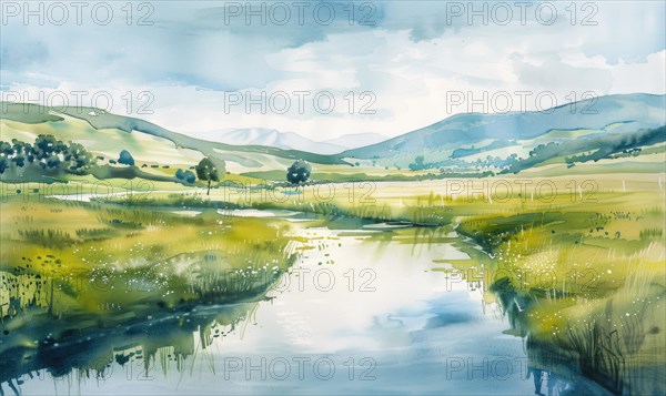 A watercolor illustration of valley with calm river flowing through verdant fields AI generated