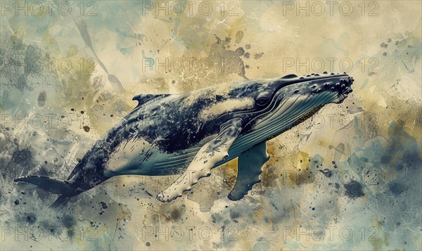 Watercolor illustration of a humpback whale in the ocean AI generated