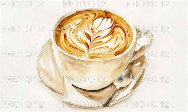 Watercolor illustration of a latte with foam art AI generated