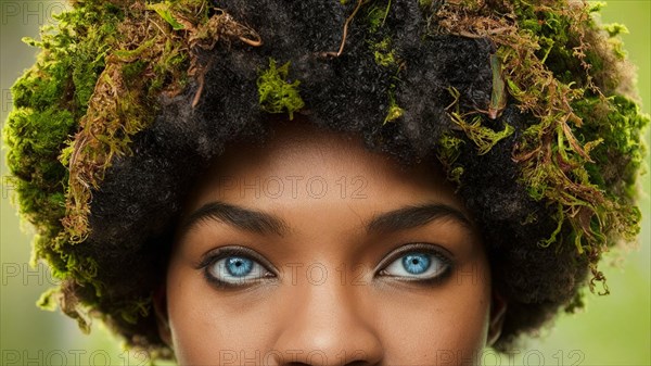 Close-up of a woman's face with vibrant blue eyes and afro hairstyle adorned with green moss, earth day concept, AI generated