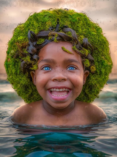 Young child in the ocean wearing a seaweed crown, laughing with bright eyes at dusk, earth day concept, AI generated