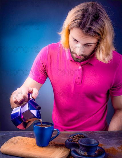 A caucasian man pouring coffee into a blue mug, standing over a wooden board, looks contemplative, Vertical aspect ratio, AI generated