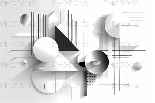 3D abstract composition with geometric elements and spheres in shades of gray, illustration, AI generated