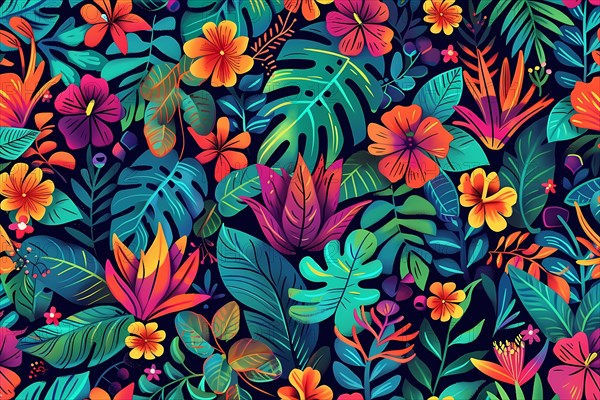 Colorful and vibrant tropical jungle floral pattern with various flowers, illustration, AI generated
